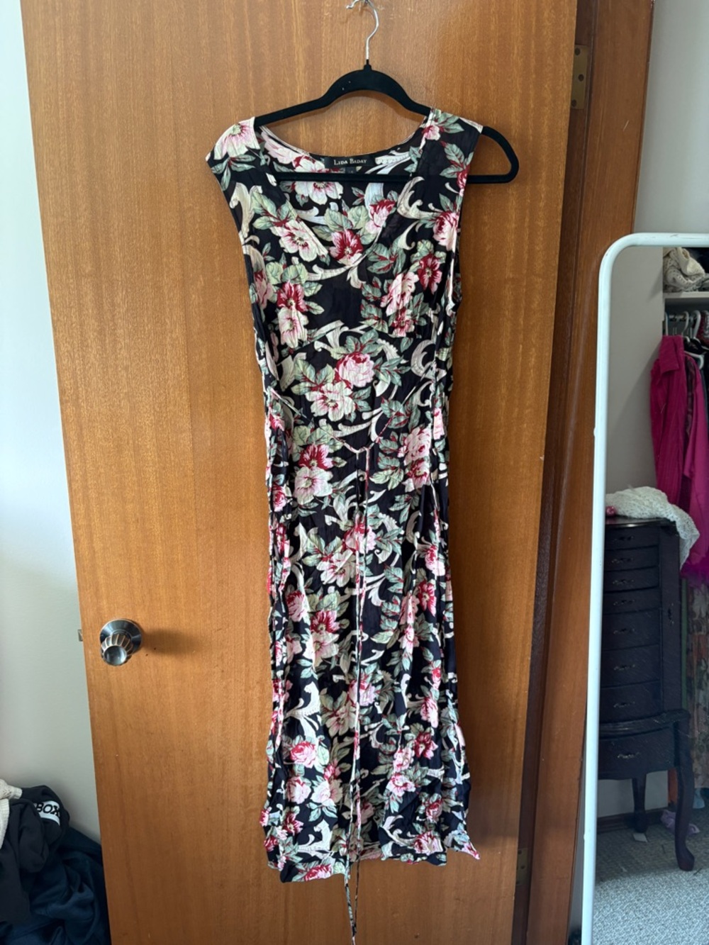 Vintage Floral Black Sheer Dress - Black with Pink Floral
